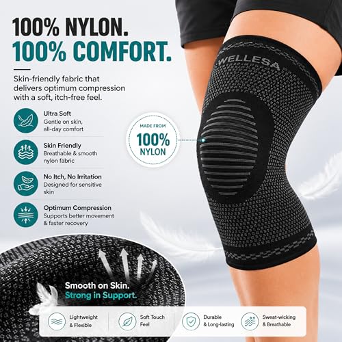 Image of WELLESA Knee Cap for Men & Women | 3D Knitted 100% Nylon | High Compression Knee Support for Pain Relief, Gym & Sports | Breathable Knee Brace | Soft & Comfortable | 1 Pair (Neosoft, M)