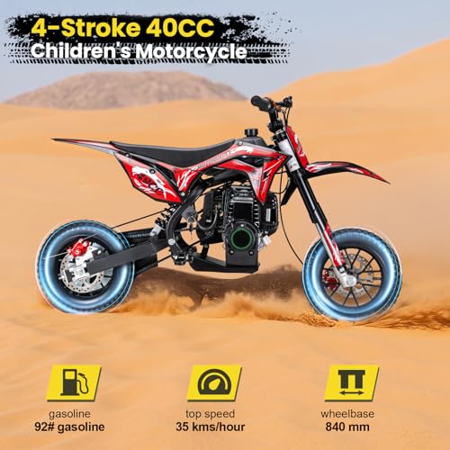 Image of Kids Dirt Bike, 50cc / Gas Powered Dirt Bike for Kids 8-14, 2-Stroke Mini Dirt Bike, Pull Start Off-Road Motorcycle, 10-Inch Tires, Disc Brakes, 25 MPH, 330 lb Max Load (Red 40CC 4-Stroke)
