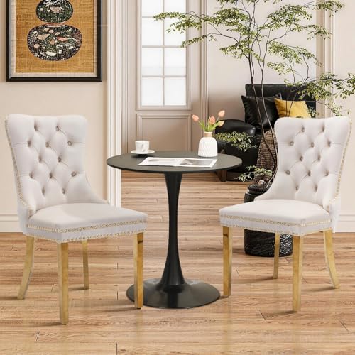 Image of JETEAGO Dining Table and Dining Chair Set 23.6" Black Round Table&2 Velvet Upholstered Golden Legs Chairs for Kitchen Dining Room Small Space 3 Piece Dining Table and Chair Set（Beige）