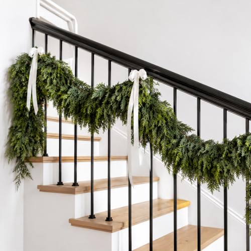 Image of Hananona 9FT Artificial Cedar Garlands, 2Pcs Real Touch Soft Cedar Pine Garland, Winter Artificial Greenery Garland for Fireplace Mantel Staircase Porch Table Indoor Home Decor (2, Dark Green, 9FT)