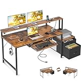 AODK Computer Desk with Drawers, 55' Office Desk with Keyboard Tray and Power Outlet, Reversible Study Work Desk with Printer Space and File Drawers Cabinet for Home Office, Vintage