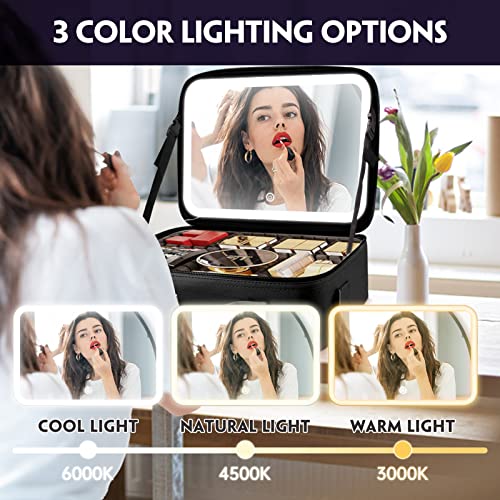 Smacen Large Capacity Cosmetics Train Case With Led Lighted Mirror Rechargeable 3 Color Lights Adjustable Brightness Portable Makeup Bag With Adjustable Dividers And Shoulder Straps (Black) #TOP2