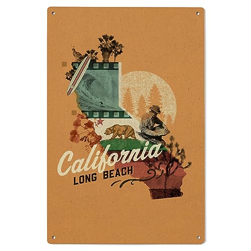 Lantern Press 6x9 Inch Wood Sign, Ready to Hang Wall Decor, Long Beach, California, State Photomontage, State Series