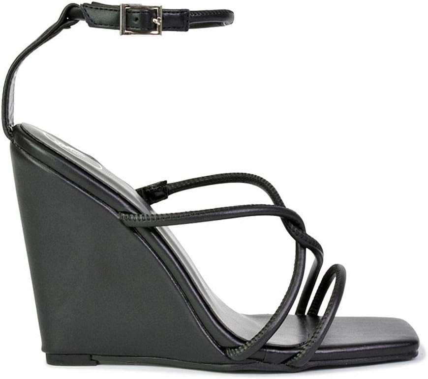 ESSEX GLAM Womens Ankle Strap Sandals Ladies Black PU Wedge Heel Square Toe Strappy Summer Shoes Size 9 B(M) US