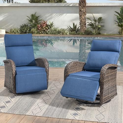Jelwaly Zero Gravity Patio Swivel Recliner Chairs Set of 2 - Wicker Outdoor Lounge Chair with Adjustable Backrest & Footrest, All Weather Reclining Rocker Chairs with Thick Cushion for Pool Deck Blue