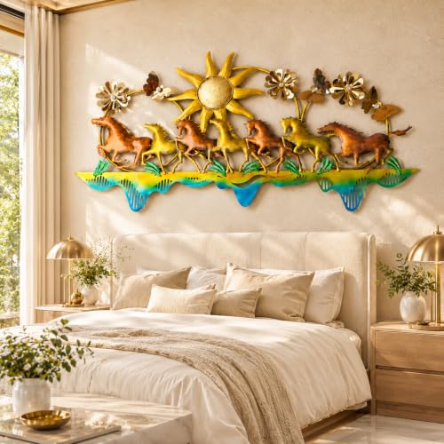 Image of Framing Hub - Large Metal Wall Decorative Multicolor Seven Running Horses with Sunrise Floral Design Wall Hanging Decor for Vastu Living Room (51 x 25 Inch)