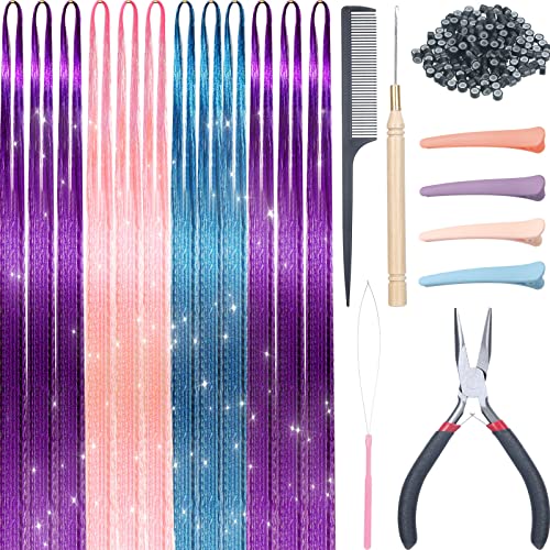 47 Inches Hair Tinsel Kit with Tool 3 Colors 2400 Strands Hair Extension Tinsel with Pliers Crochets 200 Pieces Micro Rings Rat Tail Comb Duckbill Clips for Christmas Halloween Cosplay Unicorn Party
