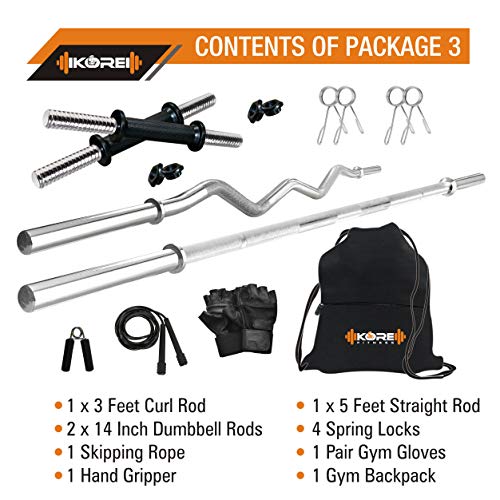 Image of Kore PVC 40 Kg Home Gym Set with One 3 Ft Curl + One 5 Ft Plain Rod and One Pair Dumbbell Rods with Gym Accessories