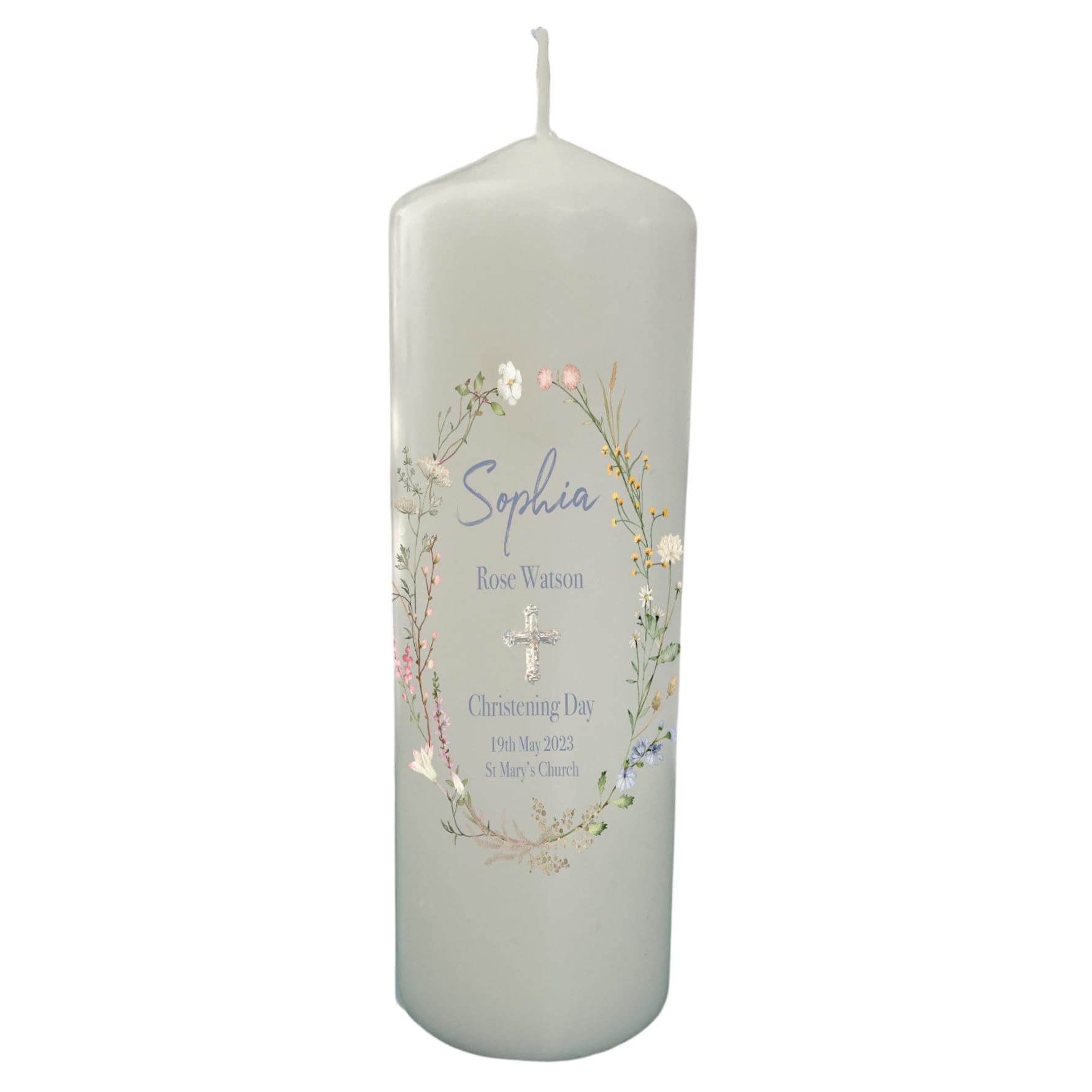 Personalised Christening Baptism Candle Naming Day Memory Keepsake Gift Unisex Boy Girl, Botanical, New baby Gift, Godparents, Present, Floral Wreath