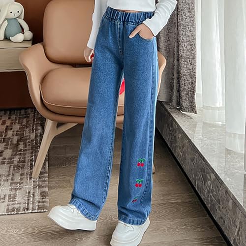 Kids Girls Cute Cherry Print Jeans Wide Leg Baggy High Waist Denim Pants Straight Leg Casual Trouser with Pokets2