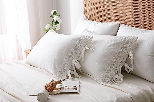 Meaning4 2-Pack Ivory White Lace Bed Pillow Shams Crochet Pillowcase 100% Cotton 30 Inchx20 Inch Queen Size (Off White) Tie Closure cover