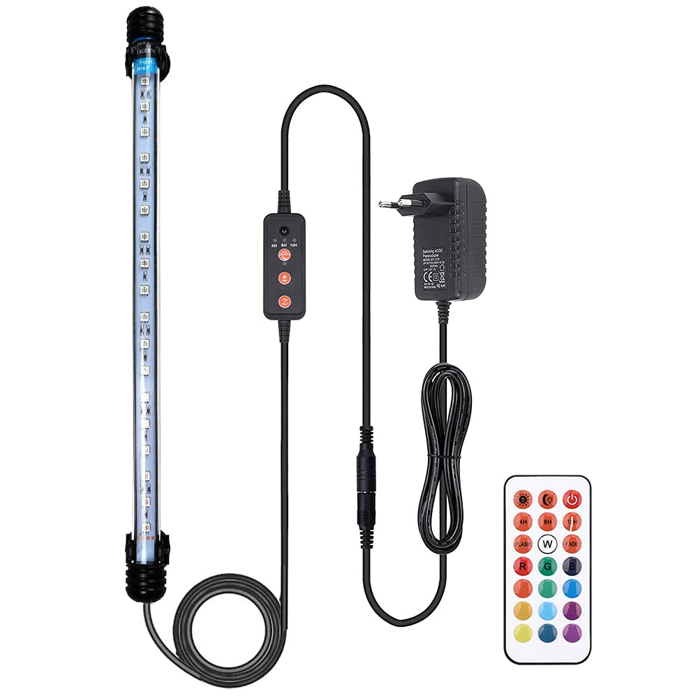 VARMHUS Tauchen Aquarium Licht,Aquarium LED Beleuchtung Die Fernbedienung kann 13 Farben und 5 Helligkeitsstufen einstellen,24/7 Automatischer Öffnungs-Schließzyklus und Dreistufiger Timer (RGB 37cm)
