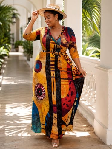 Image of SUZONANA Plus Size Maxi Dresses for Curcy Women Casual Loose 3 /4 Sleeve Long Dress with Belt