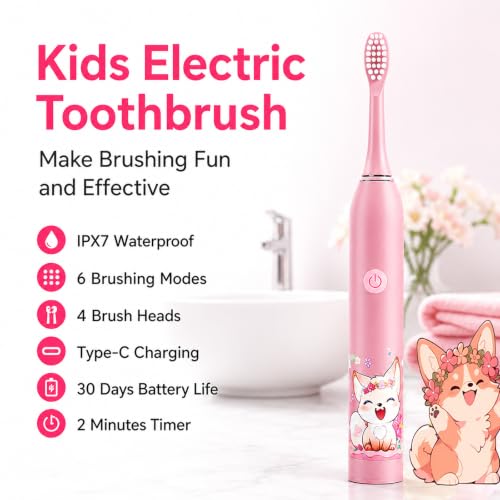 Image of Sonic Electric Toothbrush for Kids with 6 Modes, 4 Brush Heads & Rechargeable Battery, Ultra Soft Nylon Bristles, IPX7 Waterproof, Electric Power Tooth brush (Pink)