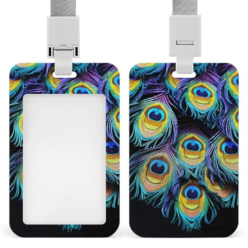 A Bunch of Peacock Feathers ID Badge Holder, Vertical Badge Reel Clip with Lanyard, Durable Card Protector for Office, Nurses, Employees, Secure Reel Keychain for Access Passes, Work Cards