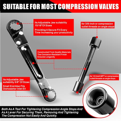 Plumbing Tools, Angle Stop Wrench Kit, Plumbing Wrench. New Compression Angle Stop and Removing the Compression Ring Professional Plumbing Toolset For Easy Angle Stop And Supply Nut Installation - Image 4