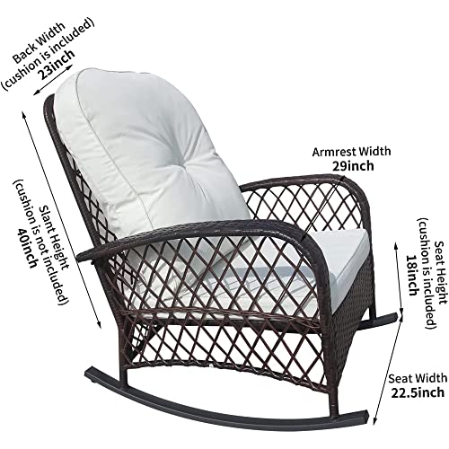 Patioption Outdoor Wicker Rocking Chair, Rattan Patio Rocker Chair With Cushion, Garden Rattan Sofa All-Weather Patio Rocker Chairs Weight Capacity 330Lbs - Brown With White Cushion #TOP2
