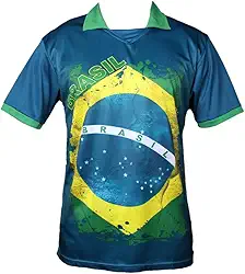 Camisa Polo Brasil Copa do Mundo, 100% Poliéster, Azul com Verde e Amarelo, Bandeira Nacional, Unissex, Tamanhos P-GG, para Futebol e Esportes
