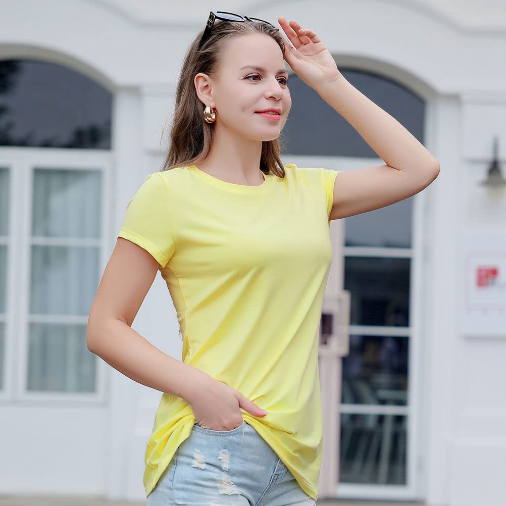 Basic Simple Round Neck T-Shirt for Women, Short Sleeve Under Shirt Ladies Tshirt, Soft Cotton Tee Tops Undershirt, Plain Yellow Medium