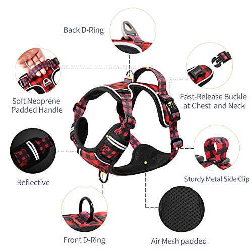 HEELE Reflective Dog Harness with Padded Handle Control, 2 Metal Rings - Harness for Small to Large Dogs Checkered-Red, XL - Image 3