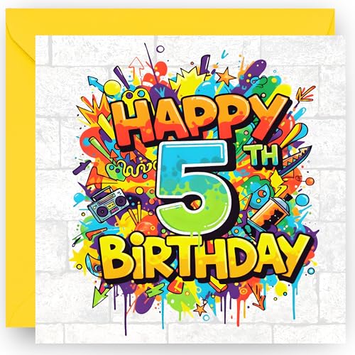 5th Birthday Card for Boys Five Today 5 Years Old - Graffiti Design Happy Fifth Birthday Card for Grandson Nephew Son - Includes Yellow Envelope 14cm