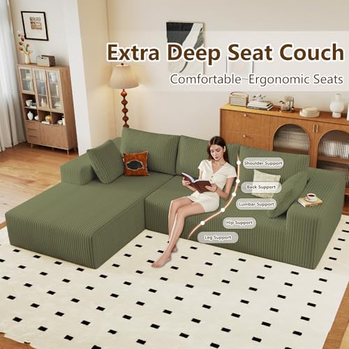 Image of 96 inch Modular Sectional Couch, Boneless L Shaped Cloud Sofa with Chaise Lounge, Corduroy Upholstered Couches Memory Foam Deep Seat, No Assembly Required, Ideal for Living Room(Green, Left Facing)