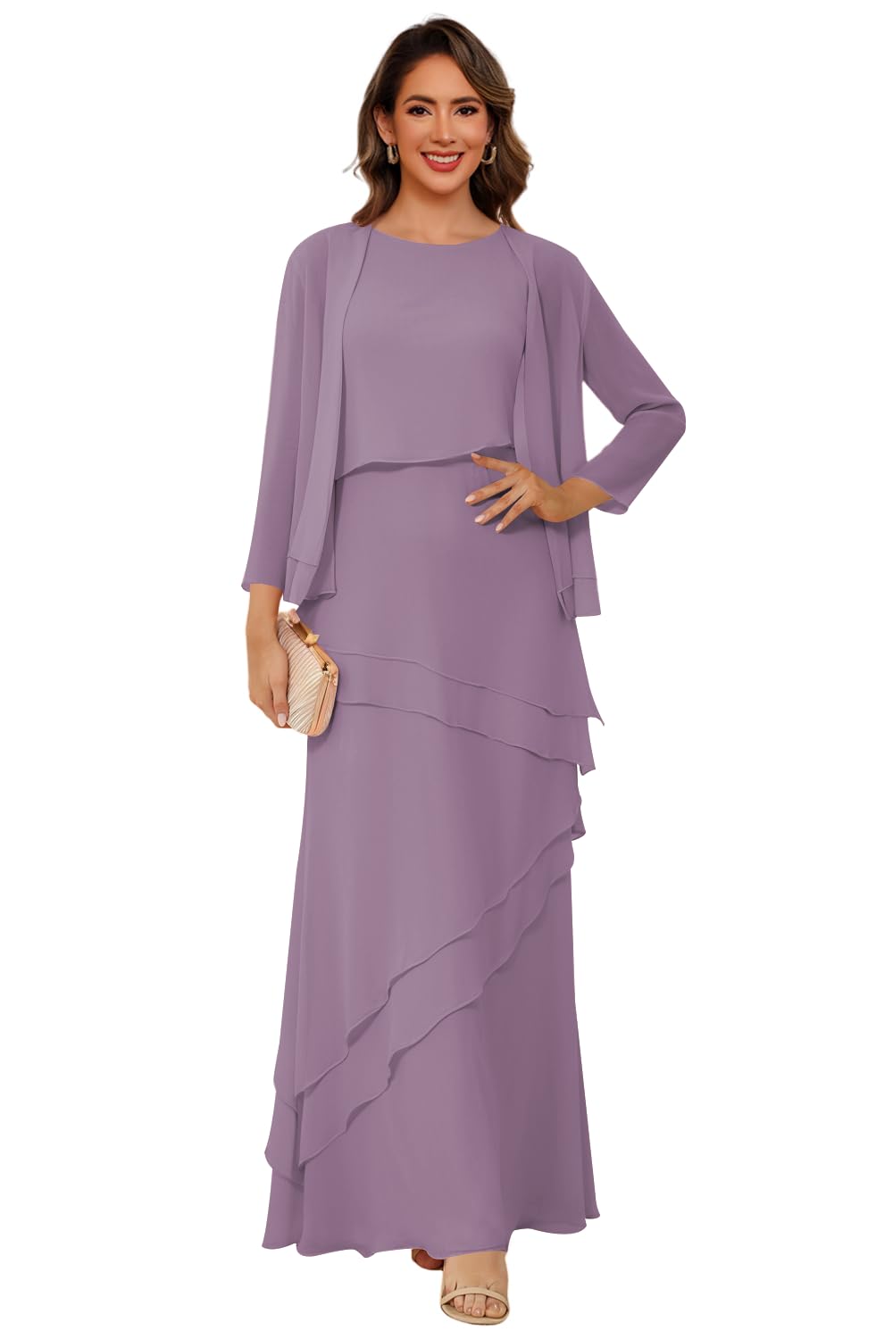 Womens 2 Pieces Chiffon Mother of The Bride Dress with Long Sleeve Jacket Long Formal Dress with Ruffles