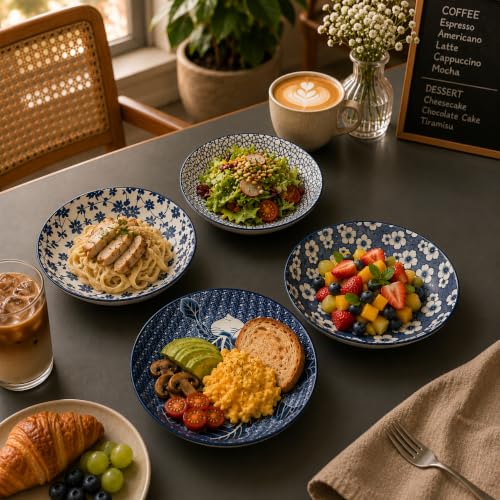 Image of Ceramic Pasta Plate, 20.4 cm Porcelain Dinner Plates, Microwave & Dishwasher Safe, Food Grade Ceramic, Deep Serving Plate for Pasta, Salad, Soup, Curry & Noodles (blue-and-white RANDOM MIX, PACK OF 4)