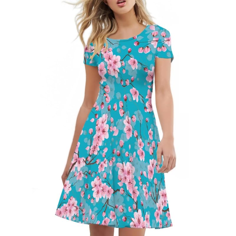 Image of Irisjudy T Shirt Dress for Women Short Sleeve Girls Short Sleeve Dress Plus Size, O Neck Knee Length Midi Dress for Ladies