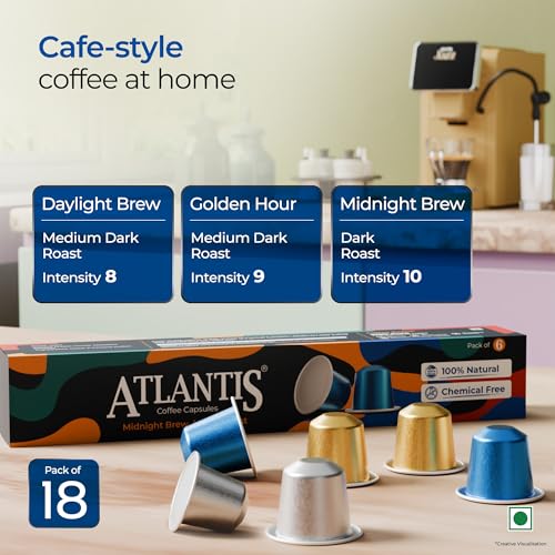 Image of Atlantis Coffee Capsules Combo Pack | Midnight Brew (Dark Roast) + Golden Hour & Daylight Brew (Medium Dark Roast) | 100% Natural & Chemical Free | Espresso Coffee Pods | Variety Pack (Pack of 18)