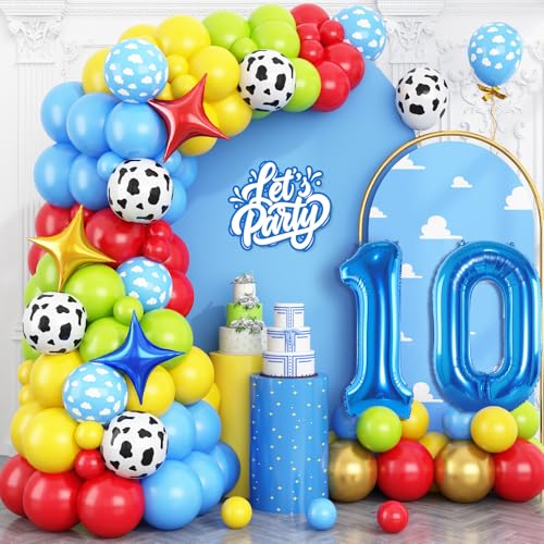 Toy 10th Birthday Balloons Arch Kit, Red Blue Yellow Balloons with Cow Print Sky Blue Cloud Balloon Number 10 Balloon, for Kids Boys Girls 10th Themed Birthday Party Baby Shower Decorations