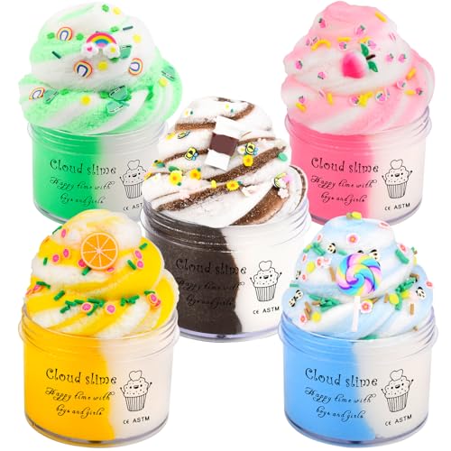 Cloud Slime Kit 5 Pack for Kids Fluffy Slime with Cute Peach Rainbow Lemon & Coffee Charms Soft Stretchy Non-Sticky Slime Toys for Girls Boys Party Favour Classroom Reward Birthday Gift