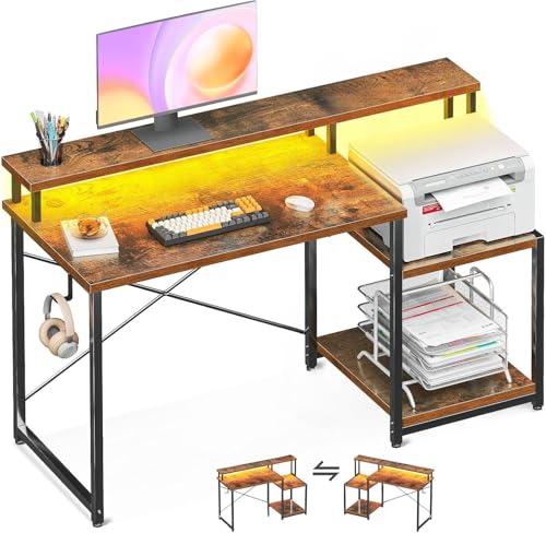 Image of Gaming Desk with Monitor Stand & Storage Shelves | Study & Computer Desk with Headphone Hook | Reversible Office for PC Setup | Rustic Brown | 120 x 60 x 87 cm