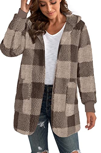 Yanekop Womens Hooded Cardigan Fuzzy Jacket Winter Open Front Fleece Coat Women's Gifts For Christmas(03 Brown Khaki,S) #TOP1
