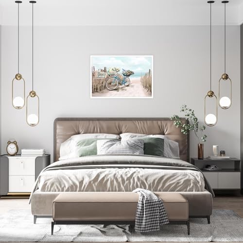 YNHQNGO Beach Canvas Wall Art for Bathroom Ocean Pictures Seaside Bicycle Canvas Print Seascape Painting Framed Teal Aqua Blue Calming Shoreside Artwork for Modern Coastal Themed Lake Home Bedroom - Image 4