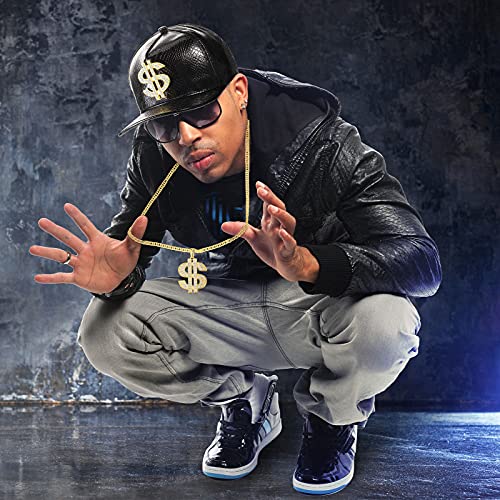 Zhanmai 6 Pcs Hip Hop Rapper Costume Accessories Baseball Cap Dollar Hat Gold Chain Dollar Sign Pendant Necklaces Ring (Gold, Black, White) #TOP6
