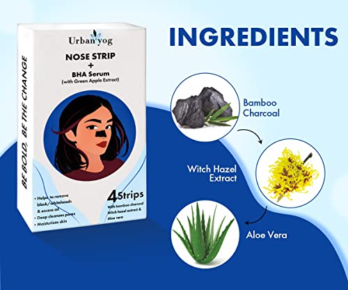 Image of Urban Yog Nose Strip for Blackheads & Whiteheads Removal (4 Strips) + BHA Serum | Charcoal Pore Strips for Nose, Blackhead Remover, Deep Cleansing, Acne Control, Oily Skin, Clear Skin
