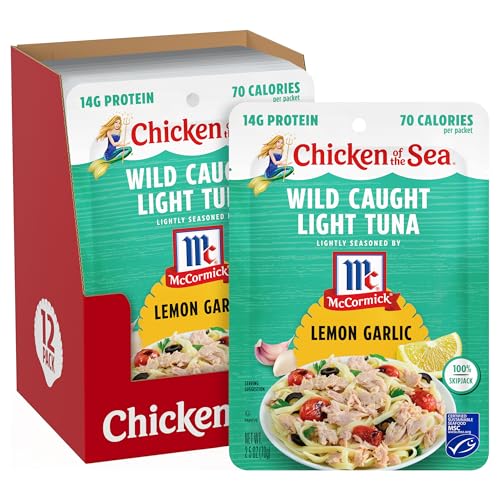Chicken of the Sea Lightly Seasoned Lemon Garlic Wild Caught Light Tuna, 2.5 Ounce Packets, 12-Count – McCormick Flavored High Protein Tuna in Water – Easy, Delicious, Nutritious Ready to Eat Meals
