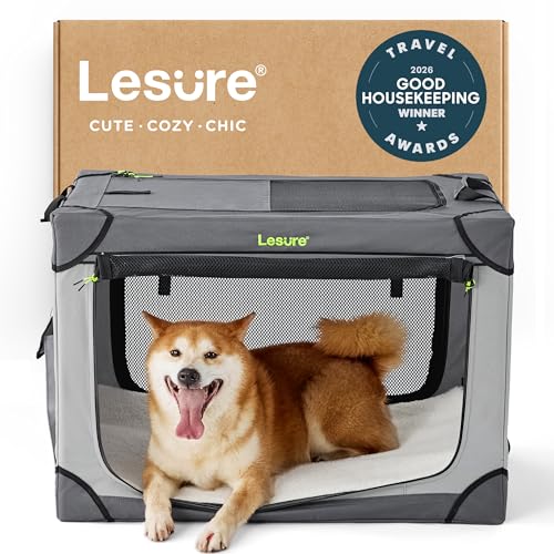 Lesure Shown on TODAY Show Soft Collapsible Dog Crate - 30 Inch Portable Travel Crate for Medium Dogs Indoor & Outdoor, 4-Door Foldable Pet Kennel with Mesh Windows, Grey