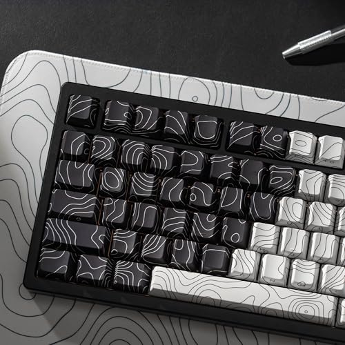 Image of double shot PBT keycaps,black and white,Topographic keycaps,lines backlit,Shine Through keycap,Side Printed keycap,dye sublimation,Cherry Profile keyboard caps for TKL US Layout Mechanical Keyboard