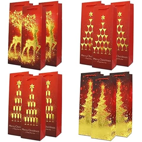 12PCS Wine Bottle Bags, Cardboard Bronzing Printing Process Wine Gift Bags for Whiskey Spirits Retail Bags with Handle for Christmas Party House Warming Birthday Anniversary Gifting, Single-Bottle Bag Cover