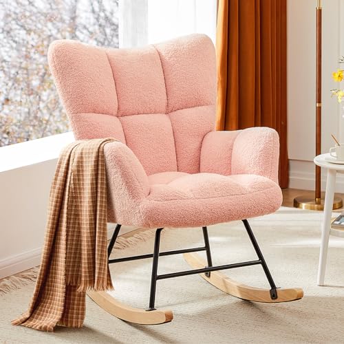 Image of Sweetcrispy Rocking Chair for Nursery, Teddy Upholstered Glider with High Backrest, Padded Seat, Modern Accent Recliner, Comfy Cushion Reading Rocker Armchair, Living Room, Bedroom Furniture, Pink