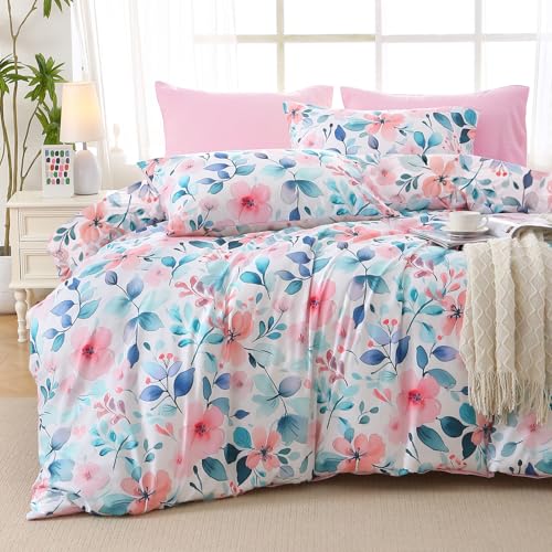 Image of MUXHOMO Pink Blue Branch Full Comforter Set, Elegant Floral Print Bed in a Bag 7 Pieces, Ultra Soft & Breathable Reversible Botanical Pattern Bedding Set with Comforter, Sheets, Pillowcases, and Shams