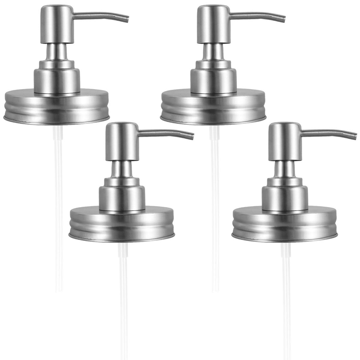 FALESOUL 4 Pack Mason Jar Soap Dispenser Lids with Pumps, Stainless Steel Mason Jar Pump Lid Lotion Soap Dispenser Lids, Leakproof Soap Dispenser Pump Replacement for Home Kitchen Bathroom