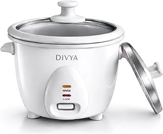 DIVYA 0.6 L Drum Electric Rice Cooker for Home | 300 W | Double Pot Anodised Aluminium | Glass & Stainless Steel Lid | Cook & Keep Warm Function | Compact Rice Cooker | White