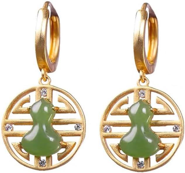 S925 Silver Gold-Plated Natural Hotan Jasper Gourd Earring Buckles1 for Women Yoga Genuine