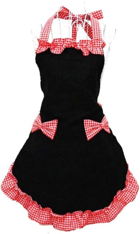HANERDUN Vintage Kitchen Apron - Ladies Pinafore With 2 Pockets - Frilly Black Sexy Cute Personalized Womens Apron for Cooking and Baking