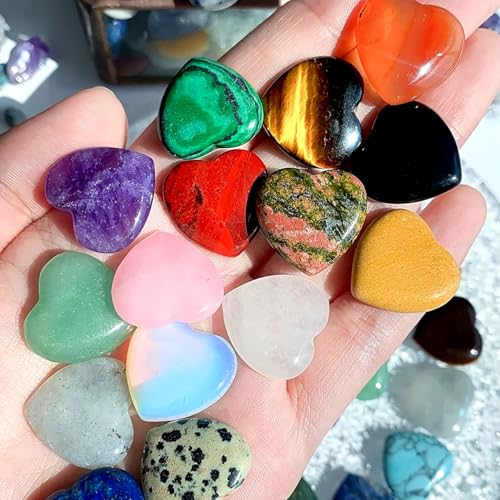 15 Pcs Heart-Shaped Crystal Set, Polished Natural Mixed Color Gemstones,