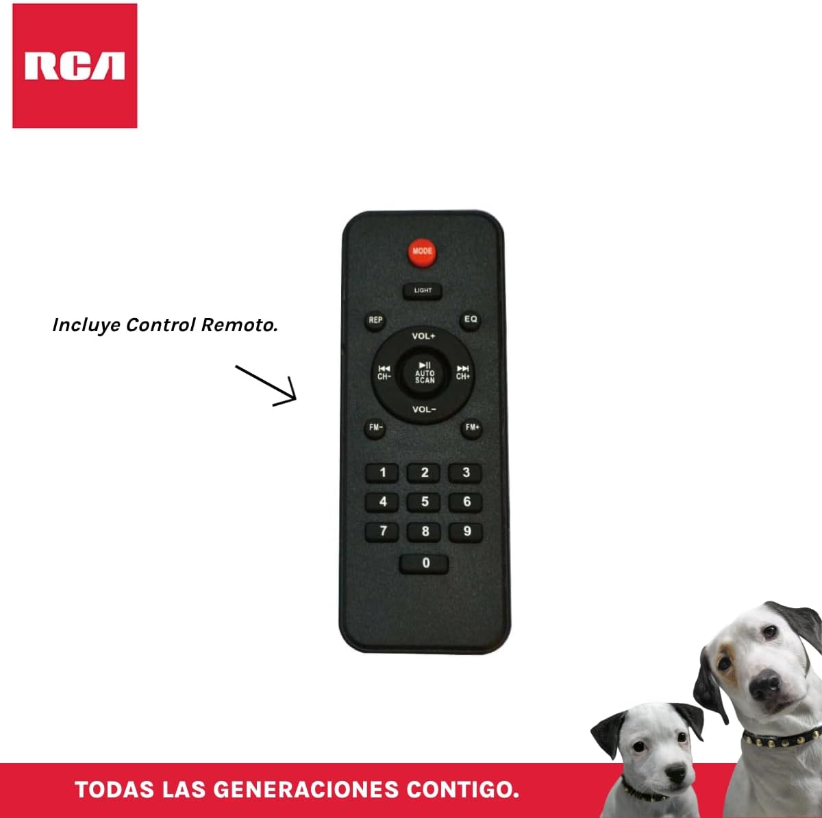 Image of the RCA SP550BT remote control, showing various buttons for mode, volume, track control, EQ, and number pad.