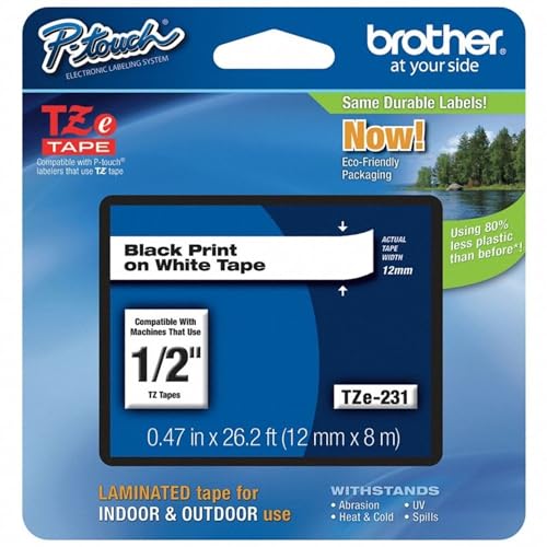 Image of Brother Genuine P-touch TZE-231 Tape, 1 /2 inch (0.47 inch) Wide Standard Laminated Tape, Black on white, Laminated for Indoor or Outdoor Use, Water-Resistant, 0.47 inch x 26.2' (12mm x 8M), TZE231